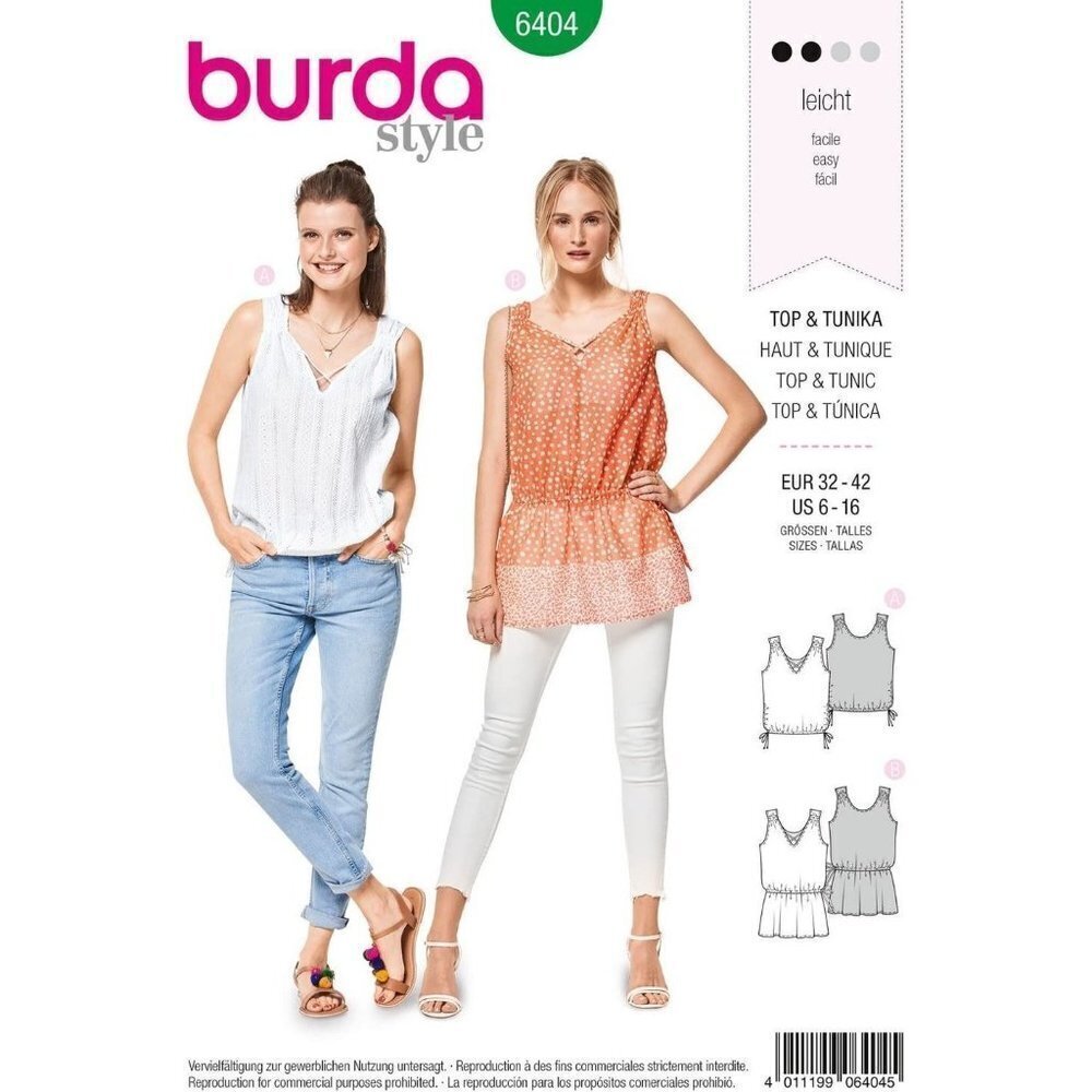 Burda Sewing Pattern 6404‎ V Neck Top Shirt  Misses Size 6-16